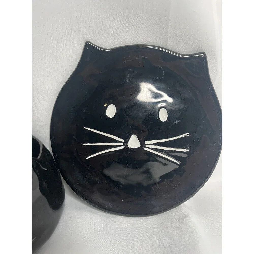 POTTERY BARN BLACK CAT FIGURAL BOWL AND PLATE Halloween Stoneware HTF CANDY DISH